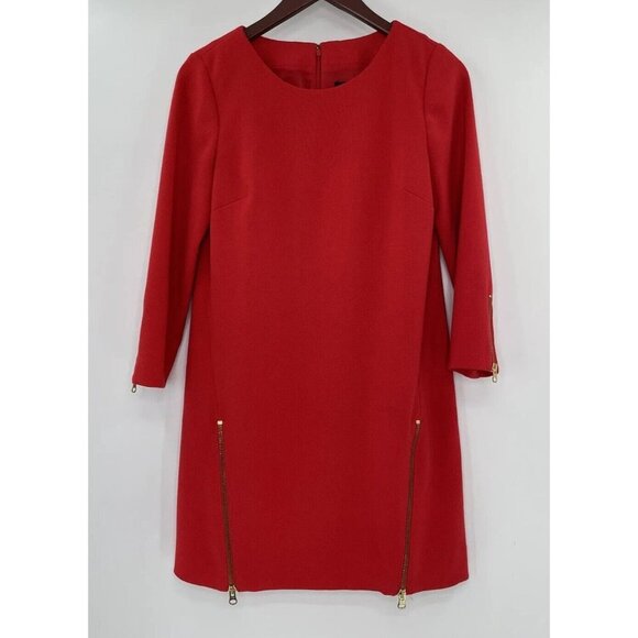 J Crew Dress Sheath Shift Exposed Zippers 3/4 Sleeve Boatneck Red Flaw Size 4 - Picture 2 of 15